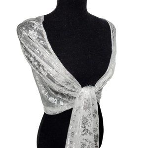 Womens Shawl Wrap Sheer White Floral And Metallic Silver 21x72" Long Wedding